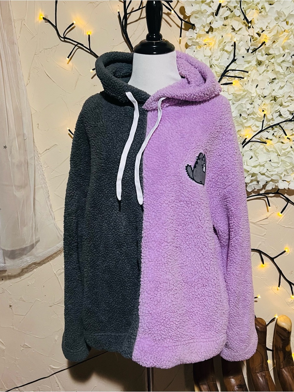 Pusheen Two-Tone Sherpa Hoodie - Charcoal & Lavender